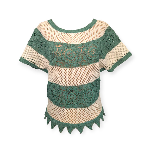 Cream & Sage Vintage Cotton Crochet Top ~ Shanghai Handmade Small - Picture 1 of 9